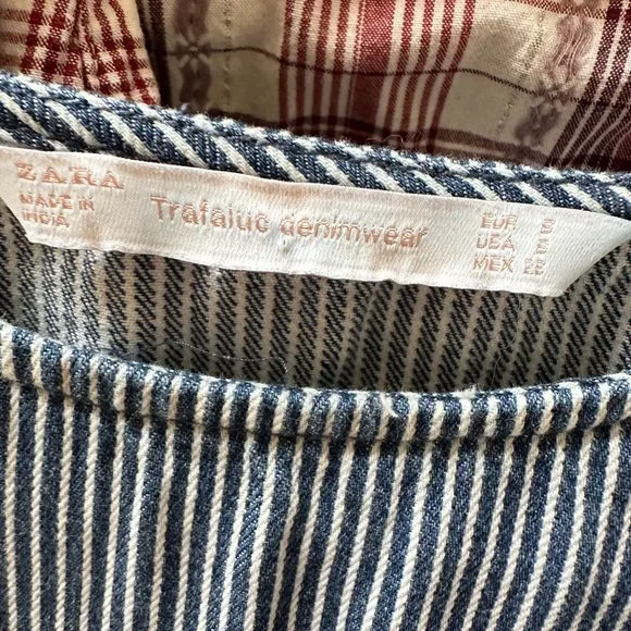 Zara Floral Embroidered Denim Striped Balloon Puff Sleeve Top SMALL - Picture 11 of 12